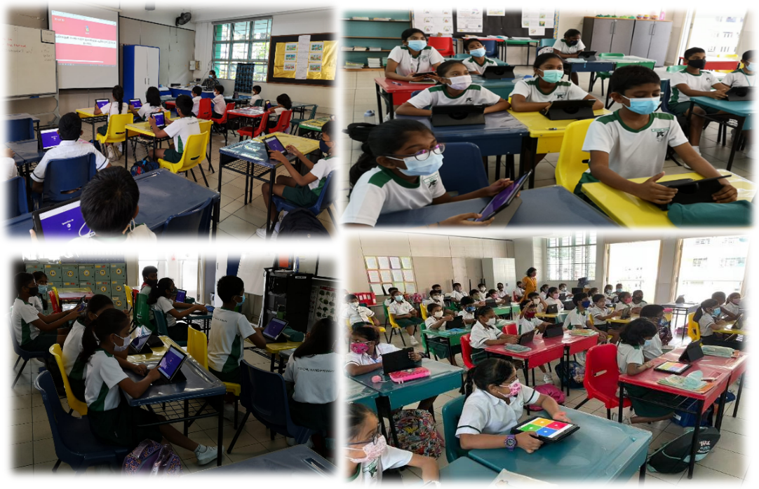 Four classroom scenes showing masked students in uniforms using tablets at colorful desks.